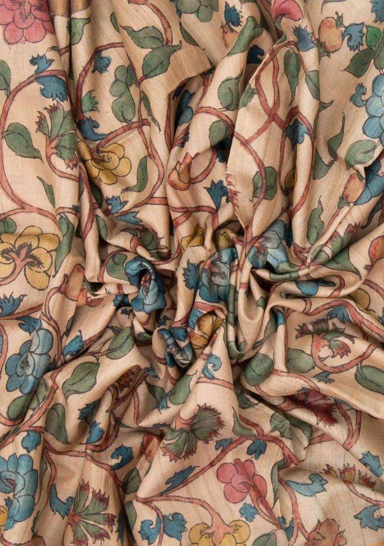Light Peach Handloom Tussar Silk Saree With Kalamkari Printed Motifs For Women - Indya