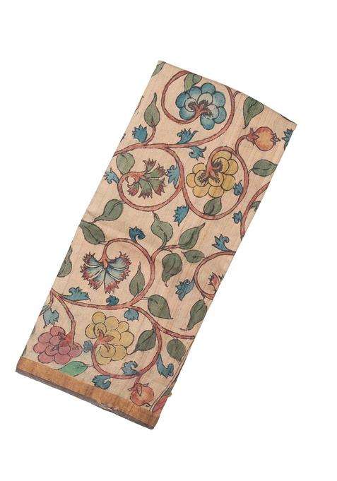 Light Peach Handloom Tussar Silk Saree With Kalamkari Printed Motifs For Women