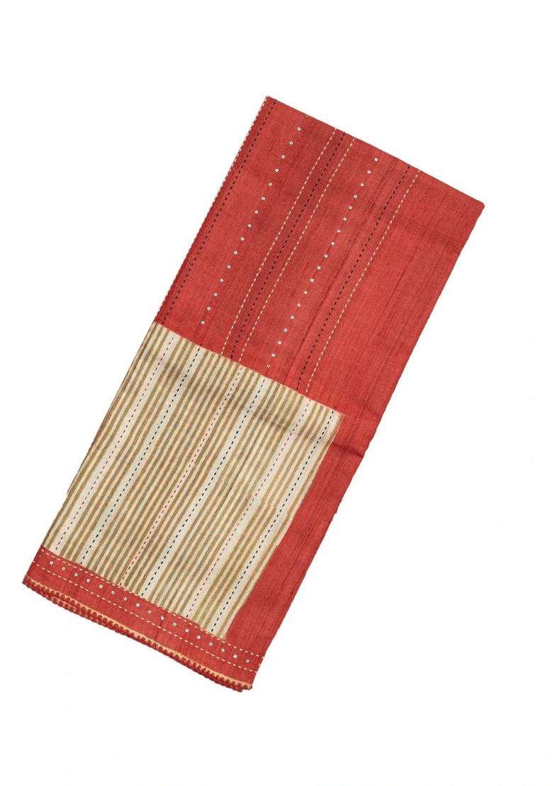 Rust Handloom Tussar Silk Saree With Printed Geometric Motifs For Women - Indya