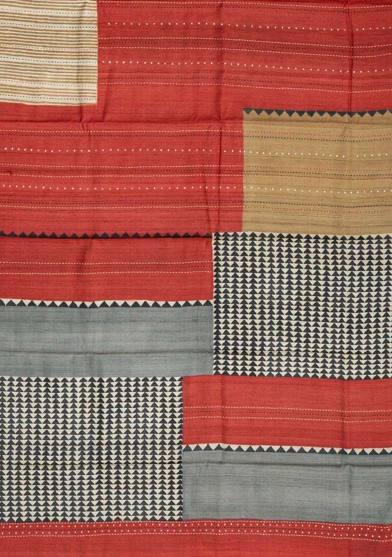 Rust Handloom Tussar Silk Saree With Printed Geometric Motifs For Women - Indya