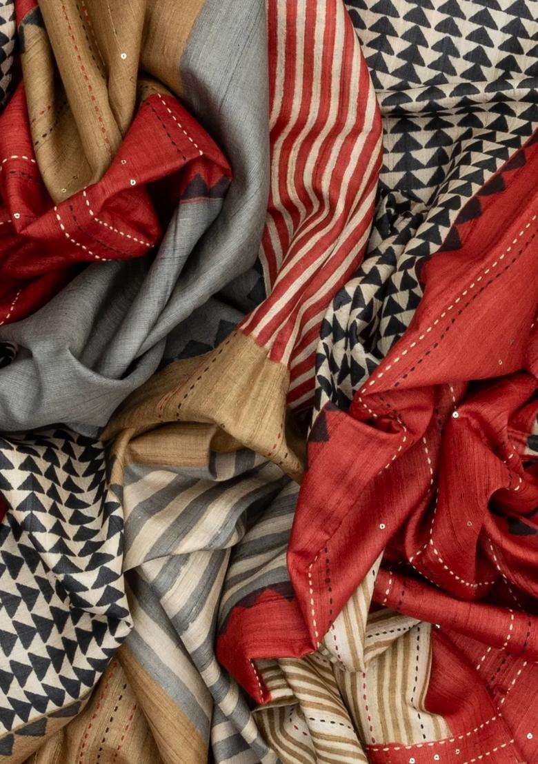 Rust Handloom Tussar Silk Saree With Printed Geometric Motifs For Women - Indya