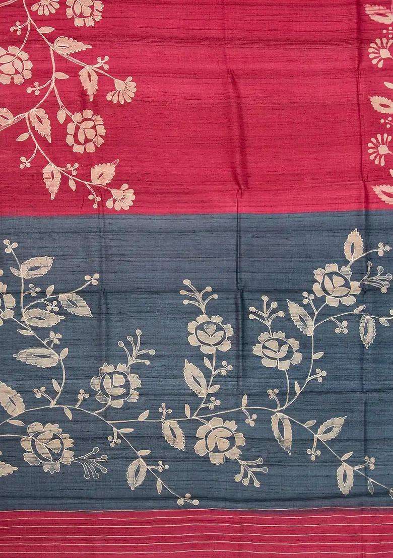 Crimson Handloom Tussar Silk Saree With Printed Floral Motifs For Women - Indya