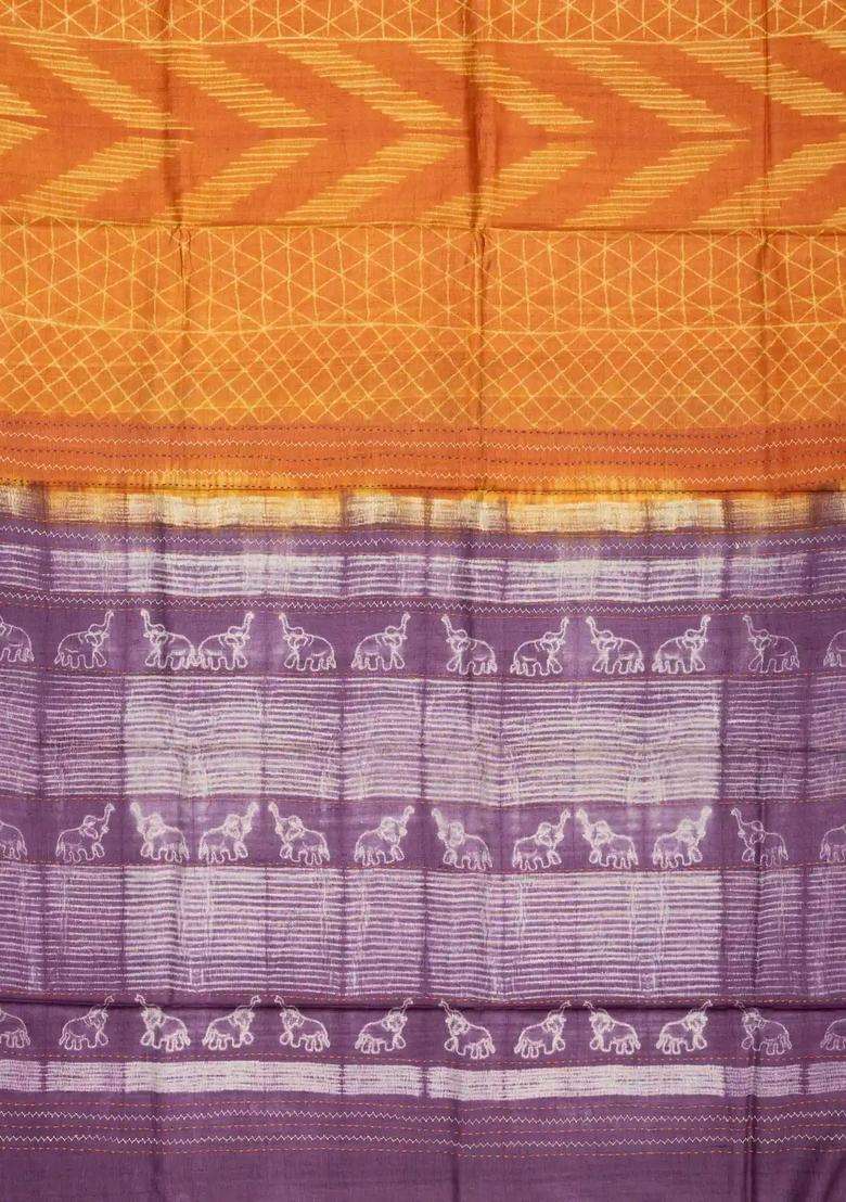 Orange Handloom Tussar Silk Saree With Printed Tie Dye Motifs Contrast Pallu For Women - Indya