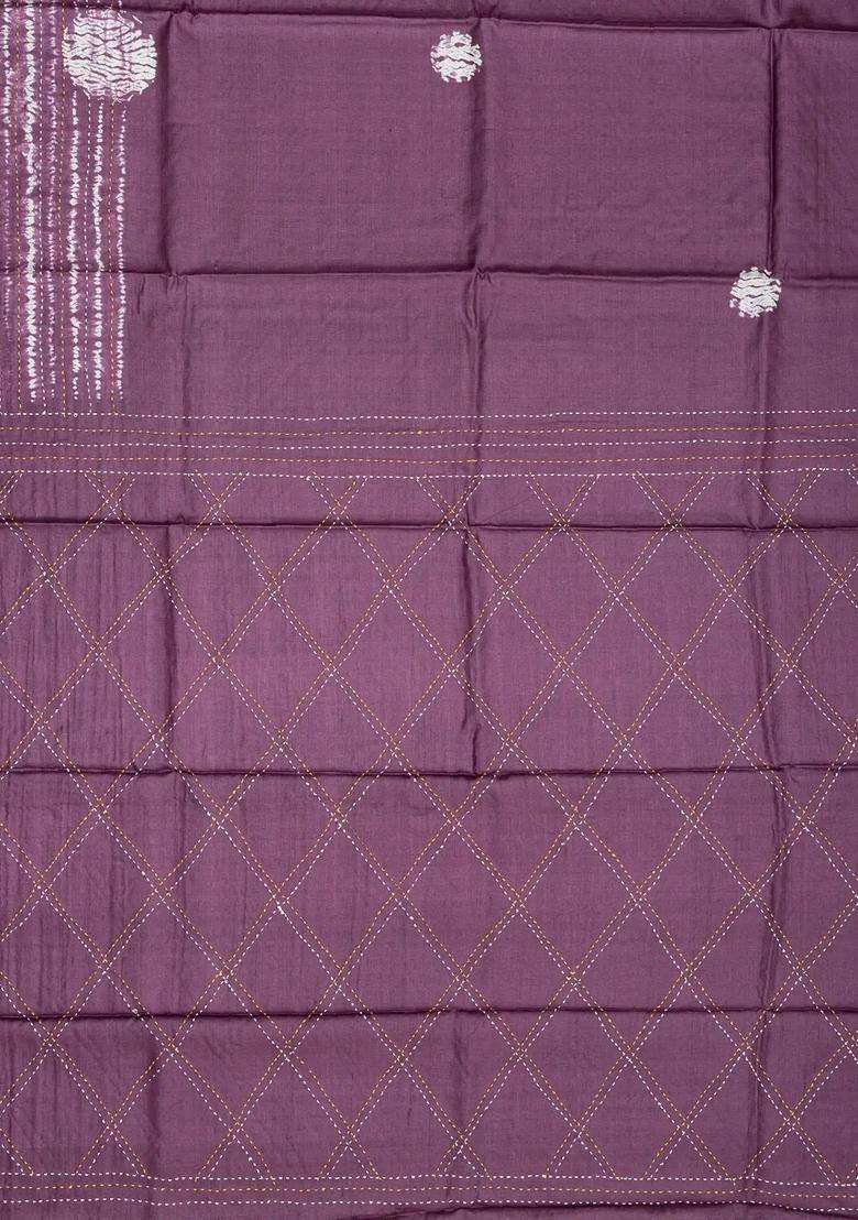 Lilac Handloom Tussar Silk Saree With Printed Tie Dye Motifs For Women - Indya
