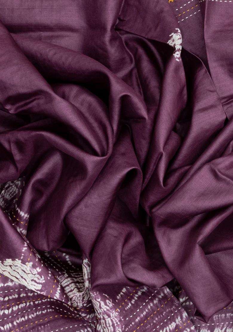 Lilac Handloom Tussar Silk Saree With Printed Tie Dye Motifs For Women - Indya