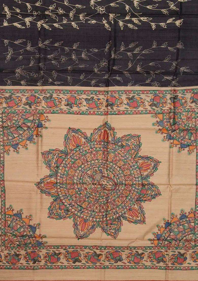 Black Handloom Tussar Silk Saree With Printed Floral Motifs Madhubani Pallu For Women - Indya