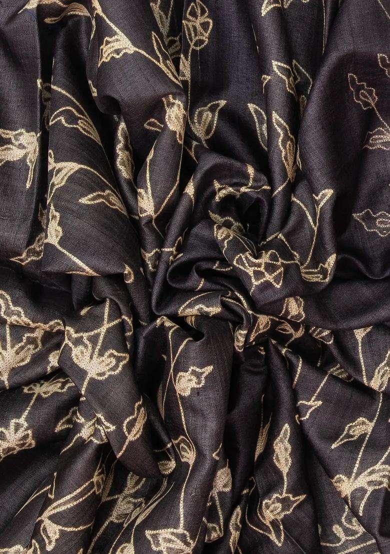 Black Handloom Tussar Silk Saree With Printed Floral Motifs Madhubani Pallu For Women - Indya