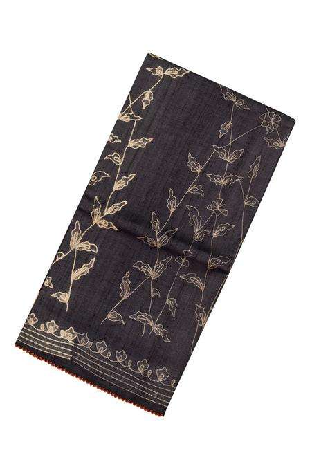 Black Handloom Tussar Silk Saree With Printed Floral Motifs Madhubani Pallu For Women