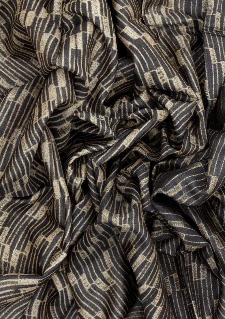 Black Handloom Tussar Silk Saree With Printed Stripes Motifs Madhubani Pallu For Women - Indya
