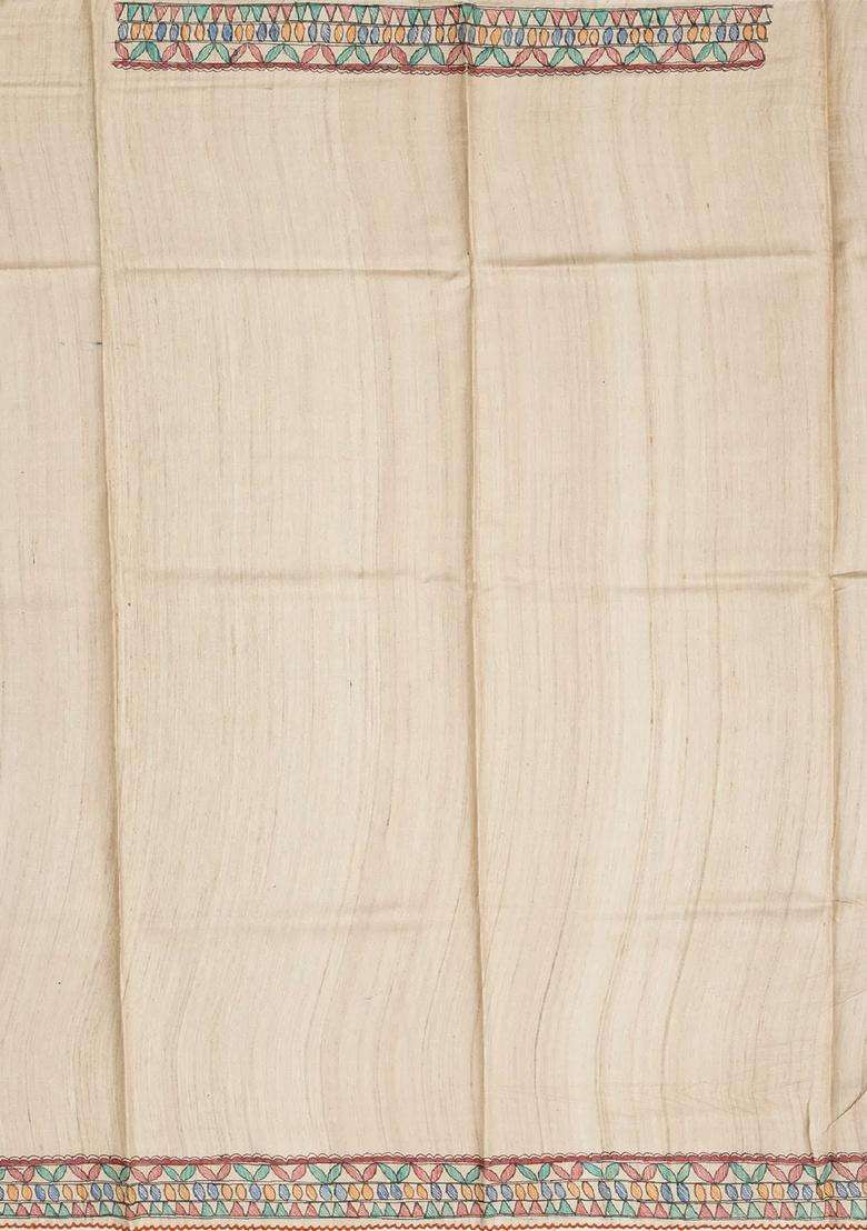 Black Handloom Tussar Silk Saree With Printed Stripes Motifs Madhubani Pallu For Women - Indya