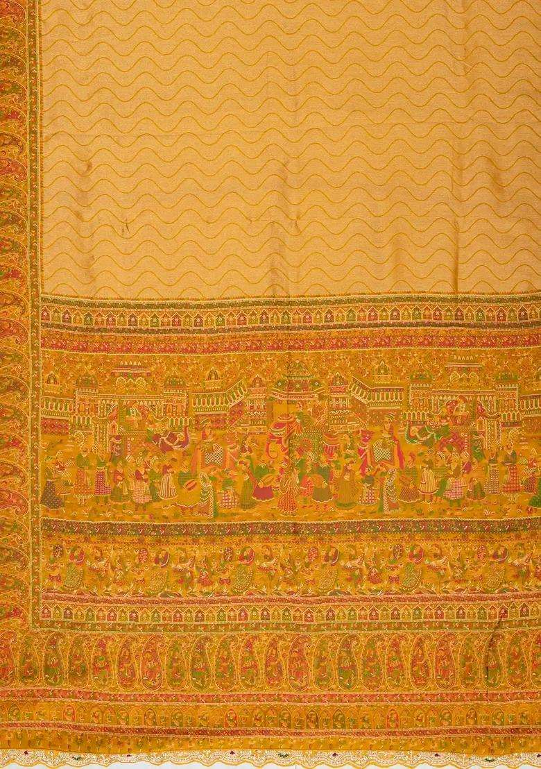 Mustard Handloom Silk Saree With Meena Motifs Hand Embroidered Selvage For Women - Indya