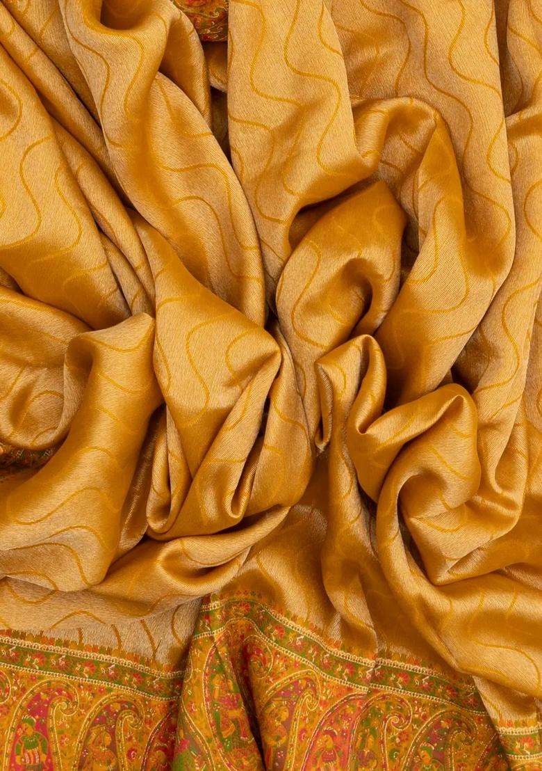 Mustard Handloom Silk Saree With Meena Motifs Hand Embroidered Selvage For Women - Indya