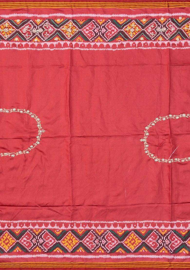 Dark Green Blended Silk Saree With Ikat Motifs Hand Embroidered Selvage For Women - Indya