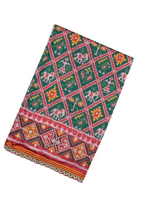 Dark Green Blended Silk Saree With Ikat Motifs Hand Embroidered Selvage For Women