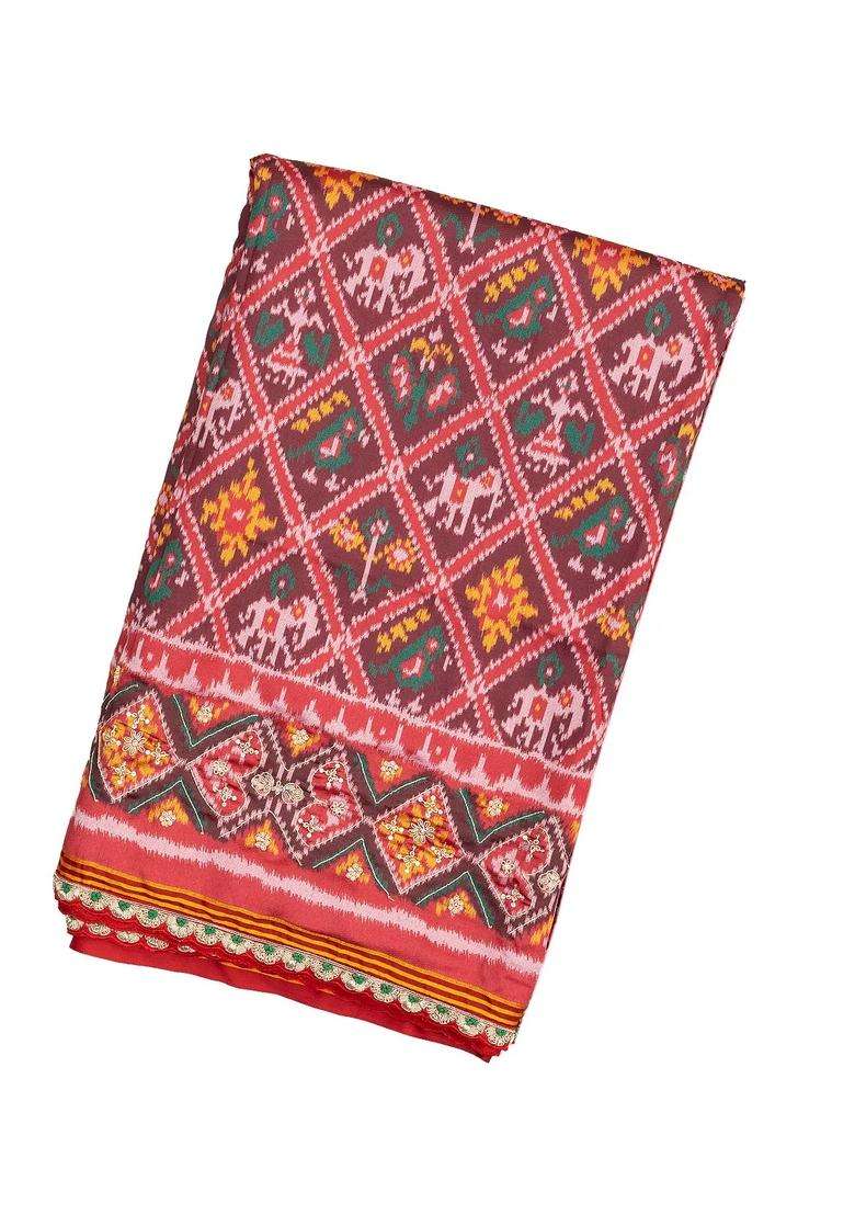 Brown Handloom Blended Silk Saree With Ikat Motifs Hand Embroidered Selvage For Women - Indya