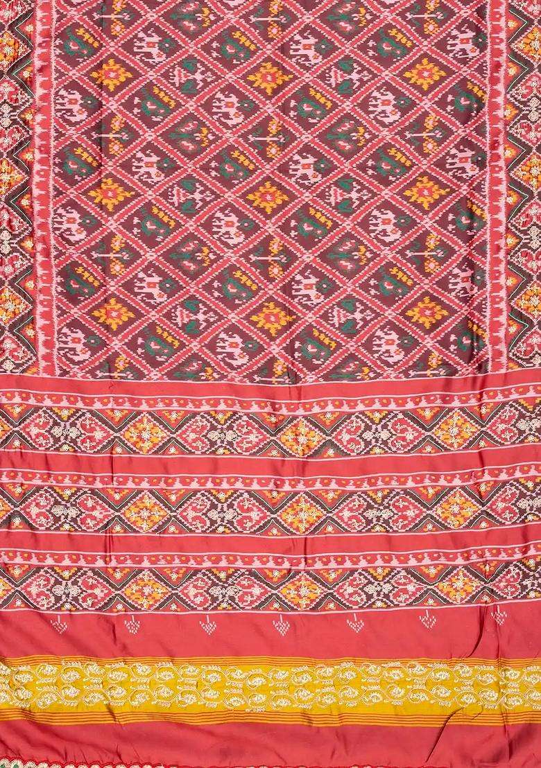 Brown Handloom Blended Silk Saree With Ikat Motifs Hand Embroidered Selvage For Women - Indya