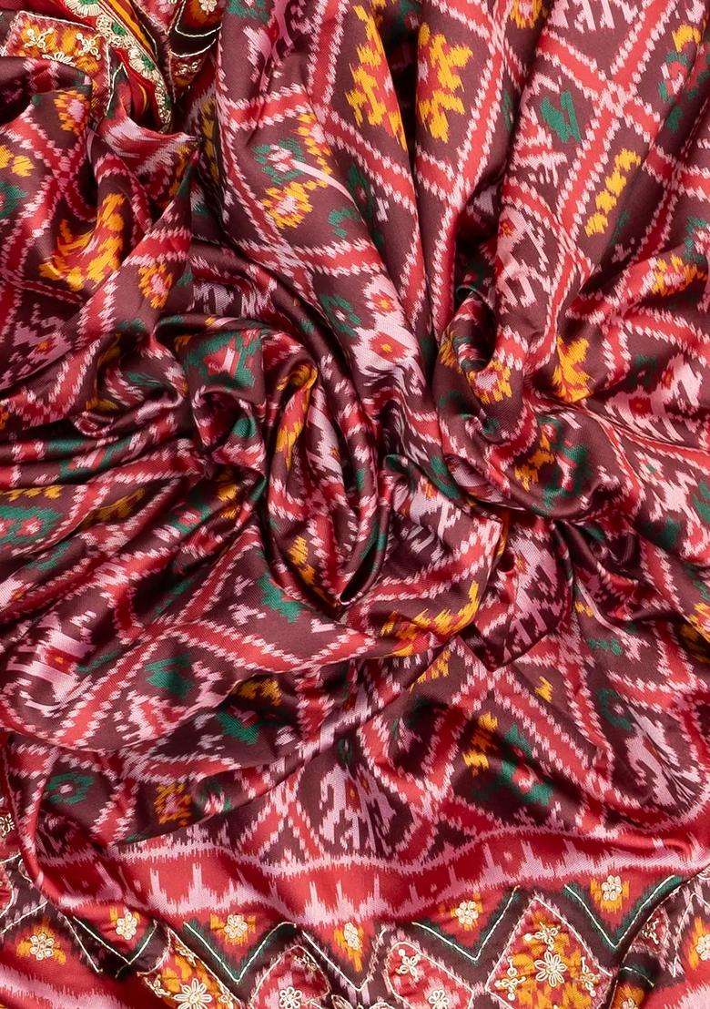 Brown Handloom Blended Silk Saree With Ikat Motifs Hand Embroidered Selvage For Women - Indya