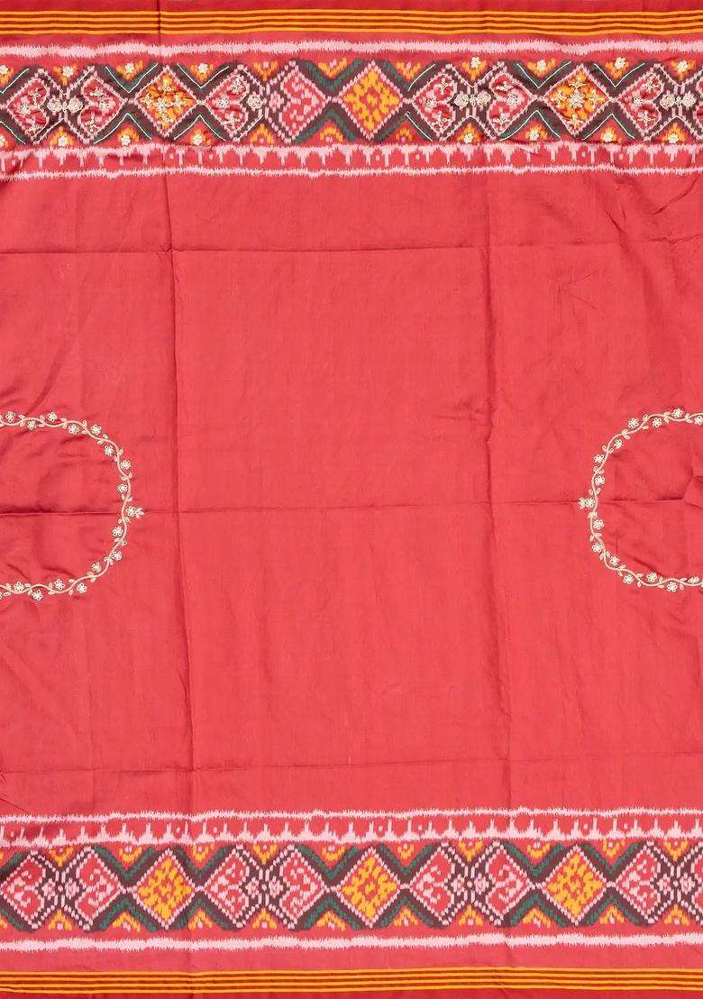 Brown Handloom Blended Silk Saree With Ikat Motifs Hand Embroidered Selvage For Women - Indya