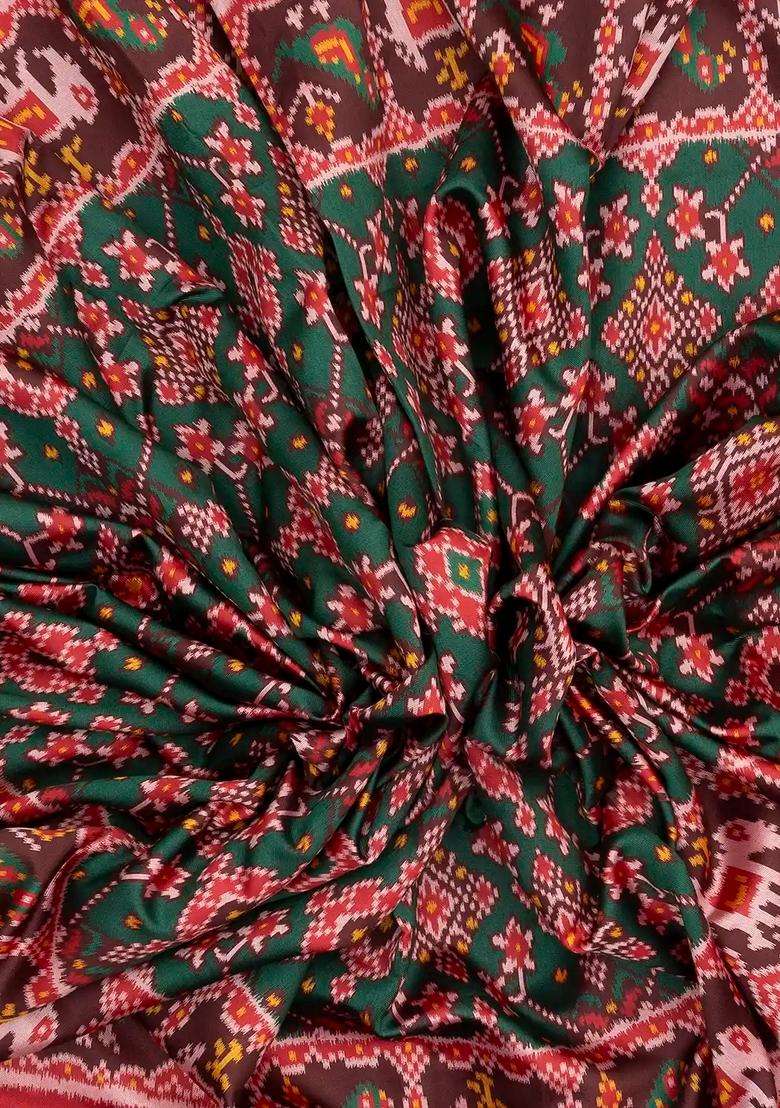 Dark Green Handloom Blended Silk Saree With Ikat Motifs Hand Embroidered Selvage For Women - Indya