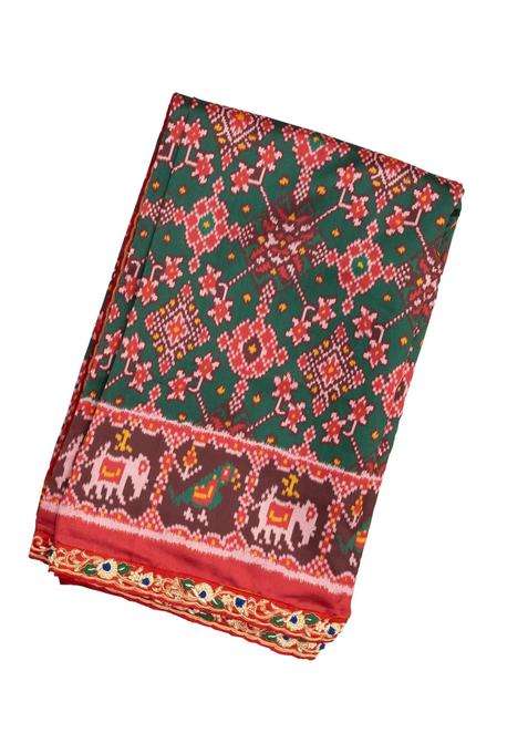Dark Green Handloom Blended Silk Saree With Ikat Motifs Hand Embroidered Selvage For Women