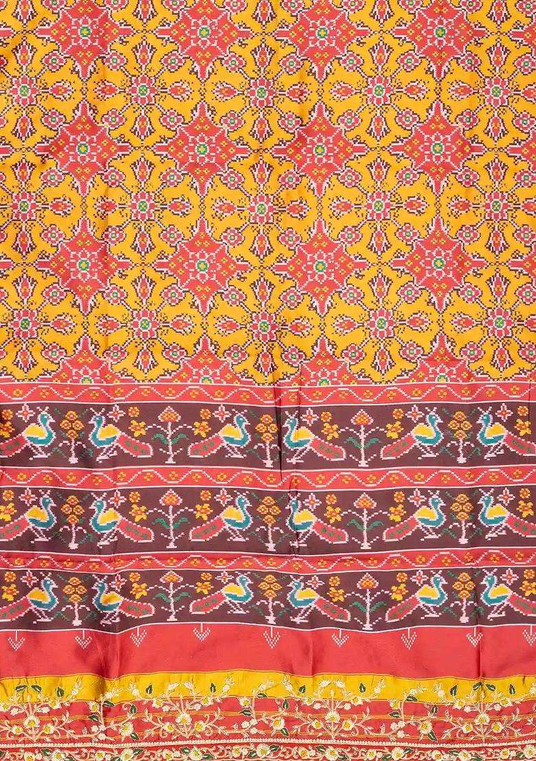 Mustard Handloom Blended Silk Saree With Ikat Motifs Hand Embroidered Selvage For Women - Indya