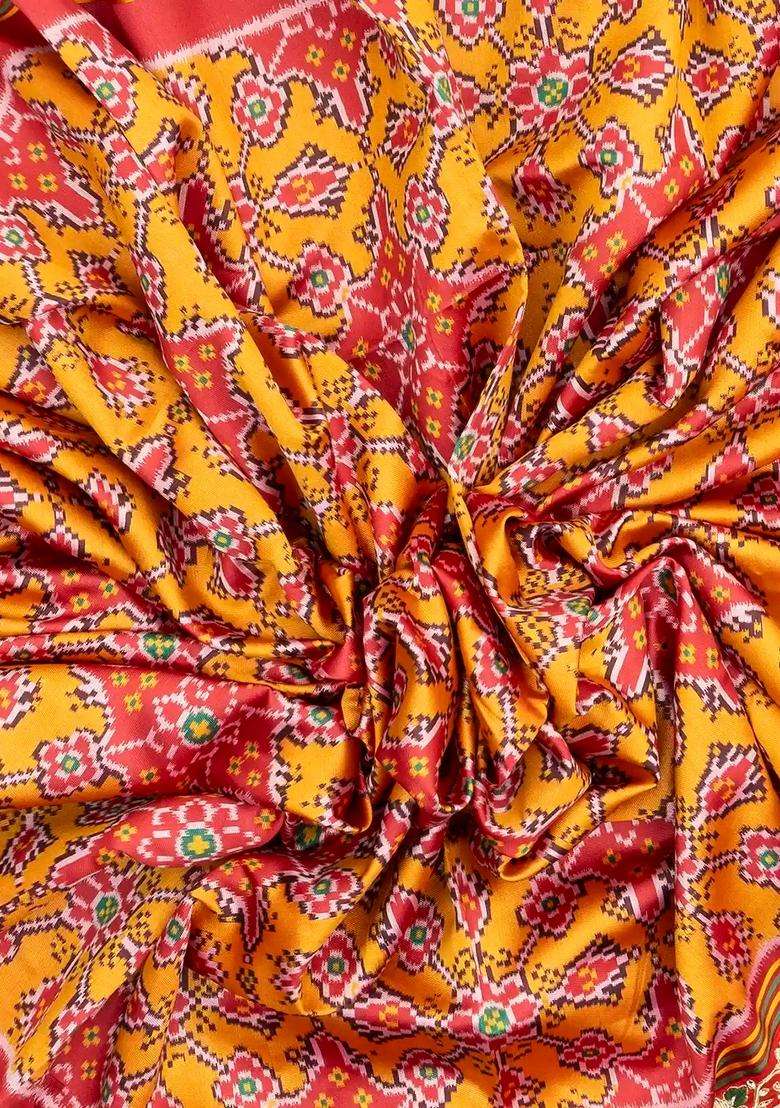 Mustard Handloom Blended Silk Saree With Ikat Motifs Hand Embroidered Selvage For Women - Indya