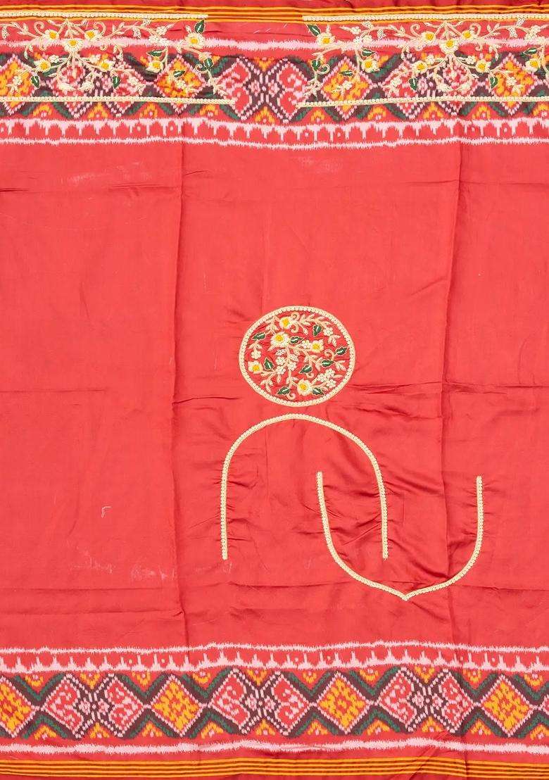 Mustard Handloom Blended Silk Saree With Ikat Motifs Hand Embroidered Selvage For Women - Indya
