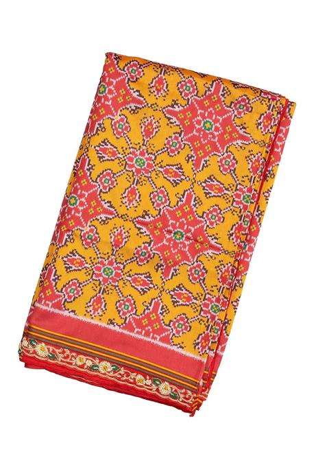 Mustard Handloom Blended Silk Saree With Ikat Motifs Hand Embroidered Selvage For Women