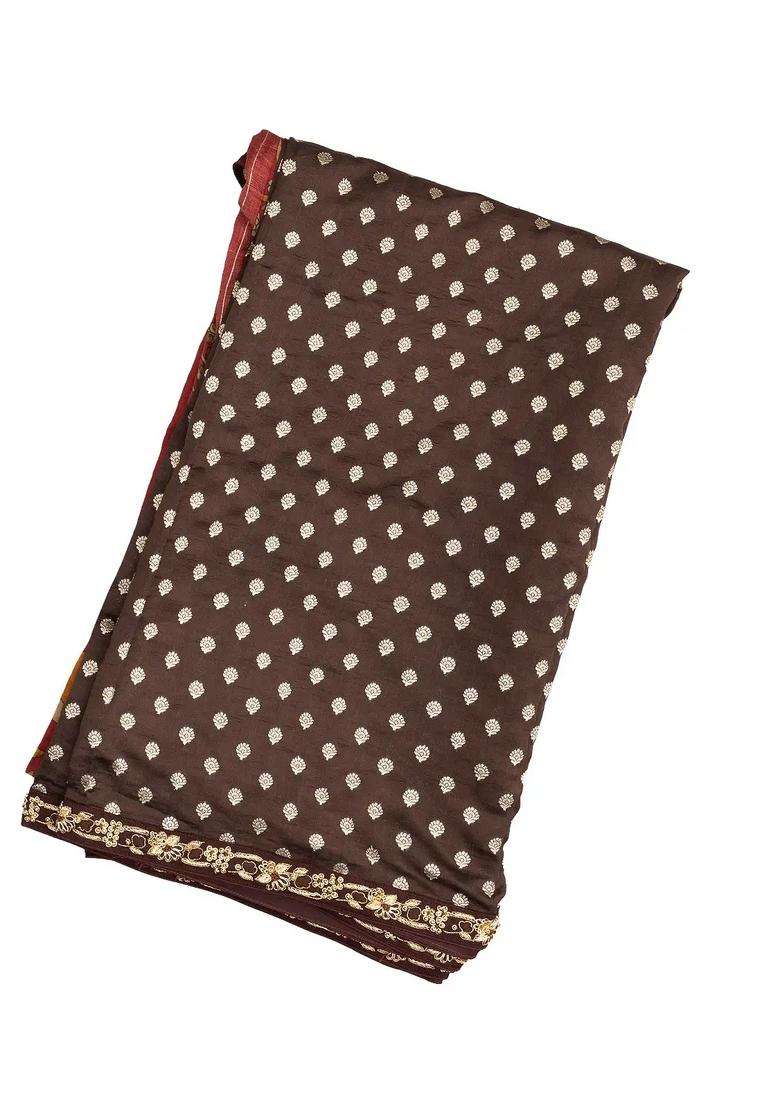 Brown Handloom Silk Saree With Printed Pallu Hand Embroidered Selvage For Women - Indya