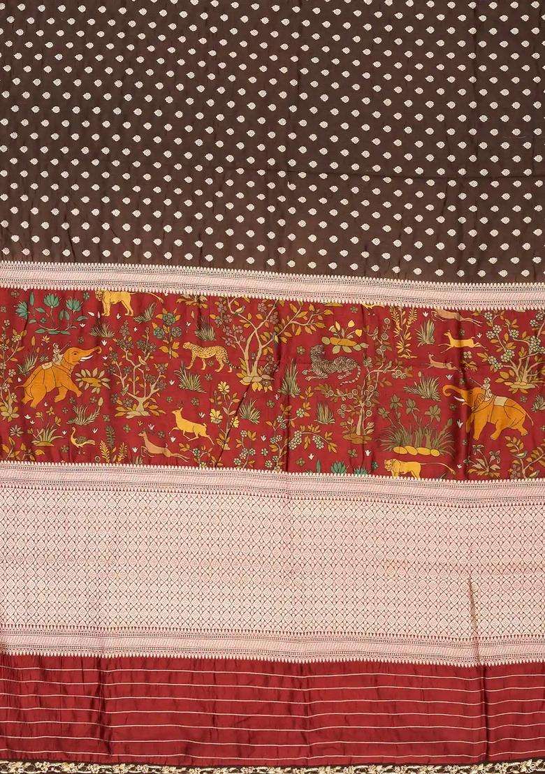 Brown Handloom Silk Saree With Printed Pallu Hand Embroidered Selvage For Women - Indya