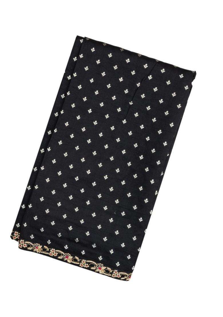 Black Handloom Silk Saree With Printed Pallu Hand Embroidered Selvage For Women - Indya