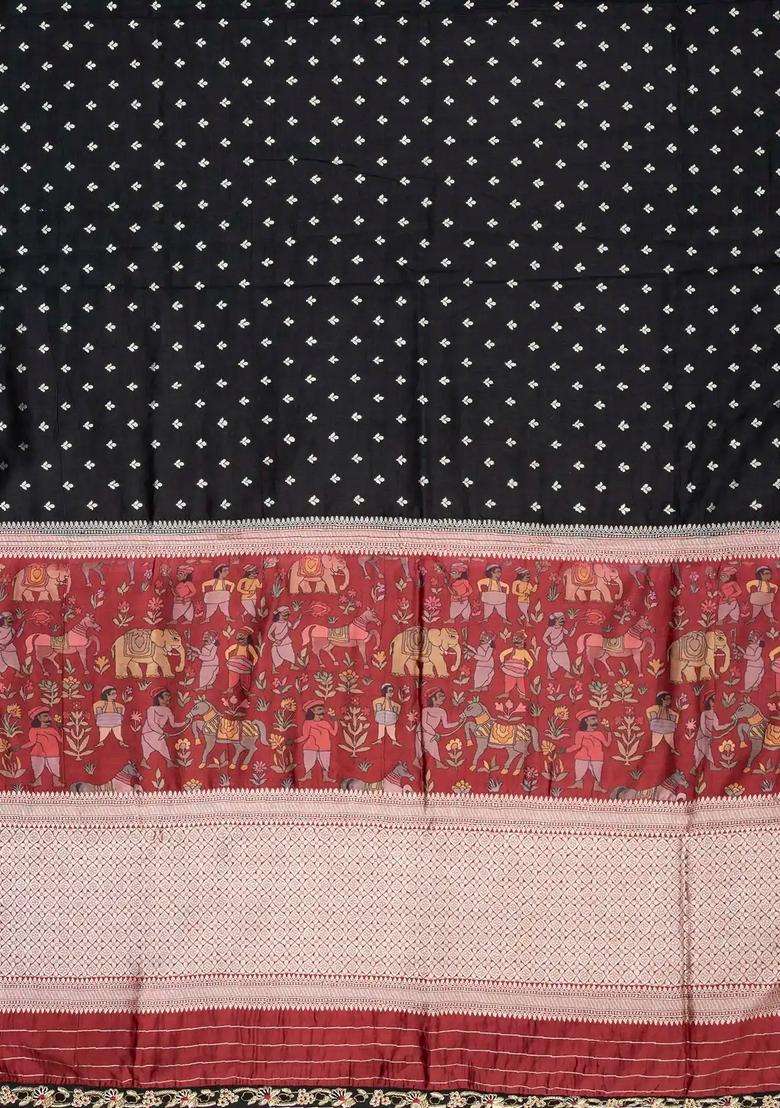 Black Handloom Silk Saree With Printed Pallu Hand Embroidered Selvage For Women - Indya