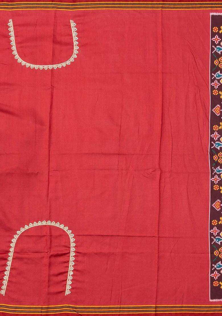 Red Woven Blended Silk Saree With Ikat Motifs Hand Embroidered Selvage For Women - Indya