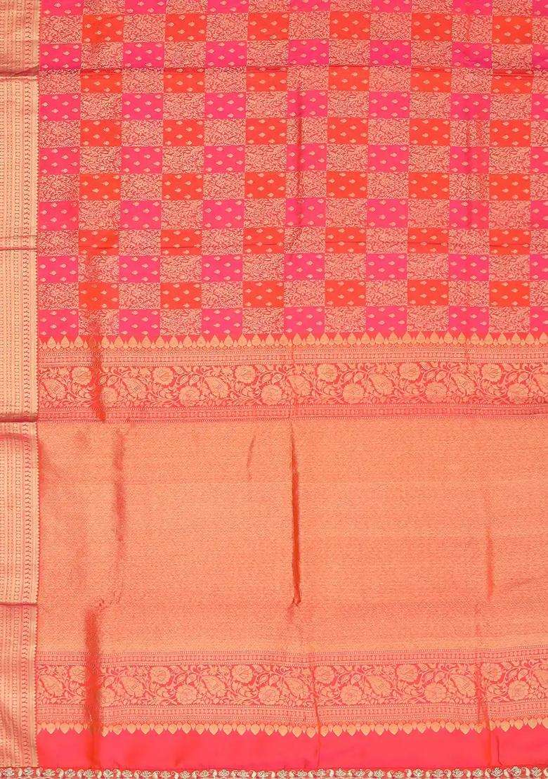 Multi Colour Pink Peach Handloom Silk Saree With Bird Motifs Hand Embroidered Selvage For Women - Indya