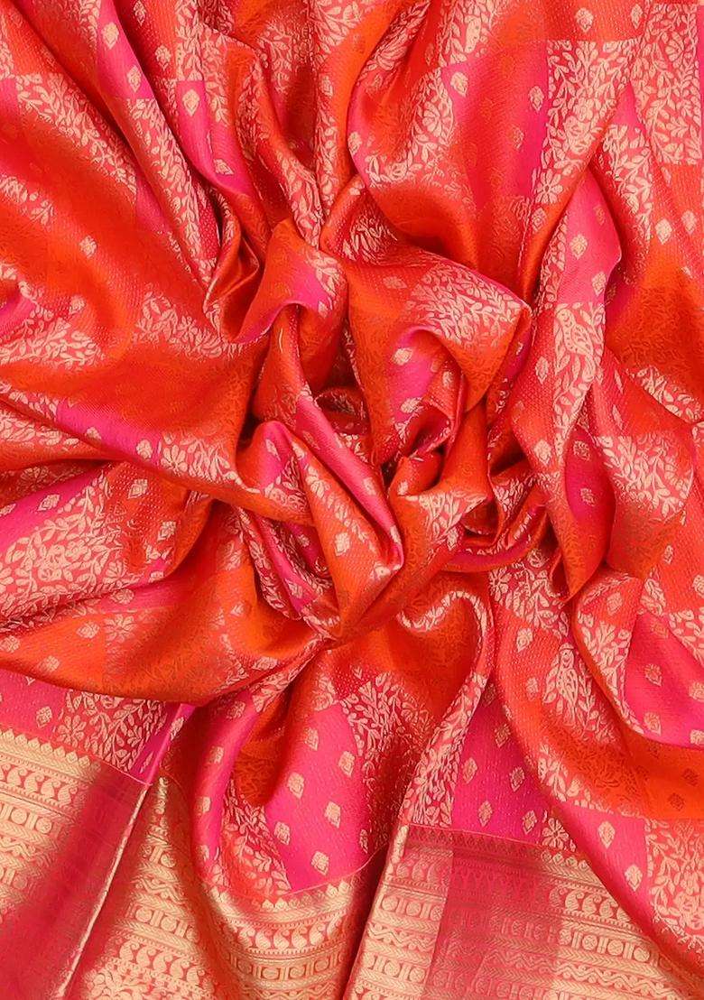 Multi Colour Pink Peach Handloom Silk Saree With Bird Motifs Hand Embroidered Selvage For Women - Indya