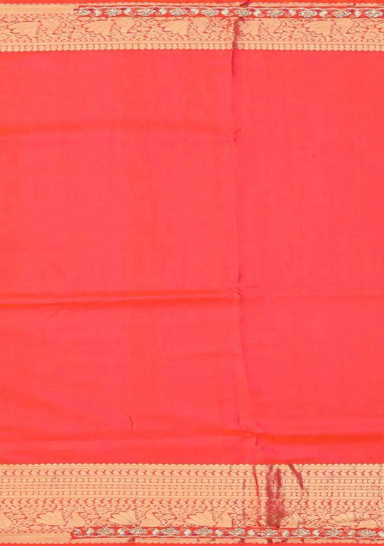 Multi Colour Pink Peach Handloom Silk Saree With Bird Motifs Hand Embroidered Selvage For Women - Indya