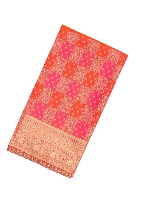 Multi Colour Pink Peach Handloom Silk Saree With Bird Motifs Hand Embroidered Selvage For Women