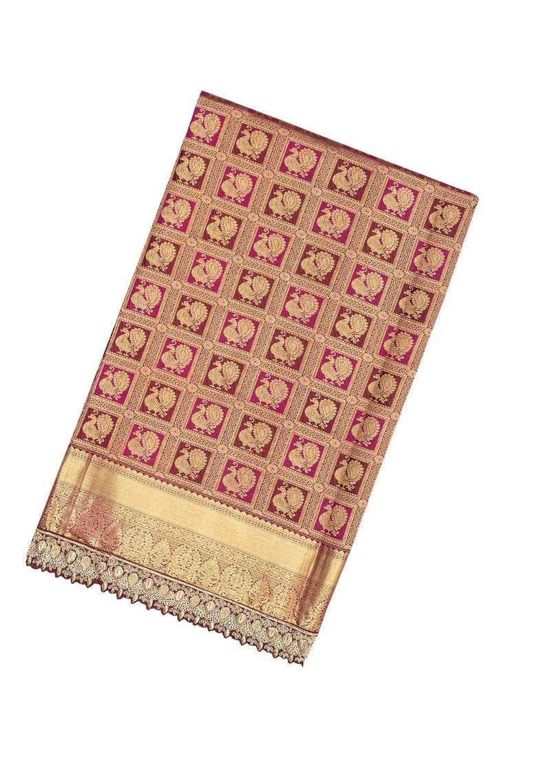Gold Handloom Silk Saree With Annam Motifs Hand Embroidered Selvage For Women - Indya