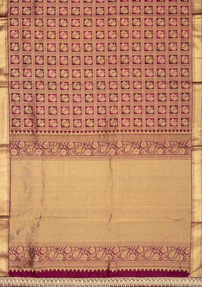 Gold Handloom Silk Saree With Annam Motifs Hand Embroidered Selvage For Women - Indya