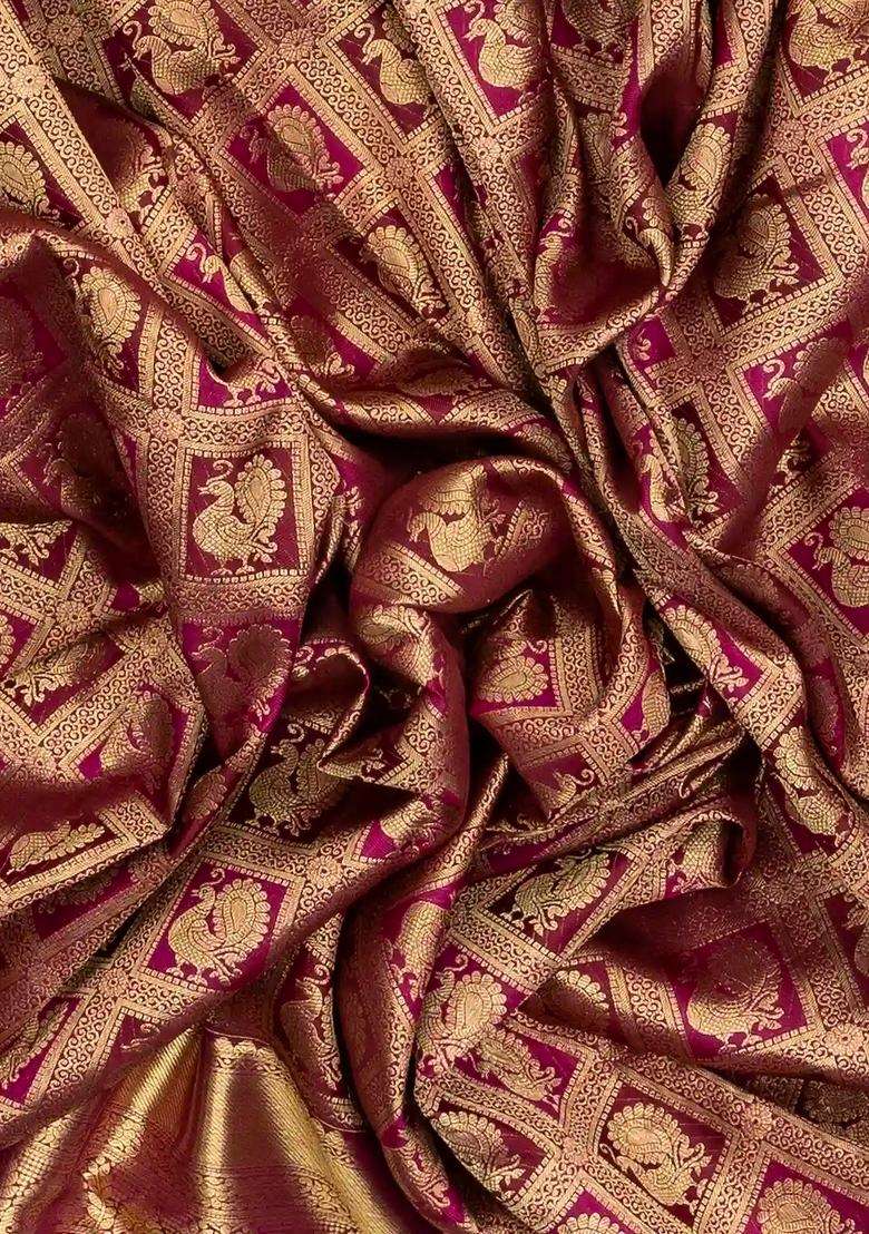 Gold Handloom Silk Saree With Annam Motifs Hand Embroidered Selvage For Women - Indya