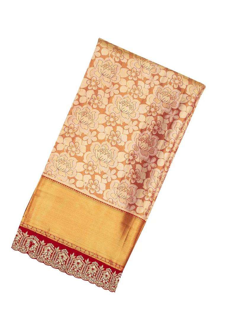 Gold Handloom Tissue Silk Saree With Floral Motifs Hand Embroidered Selvage For Women - Indya
