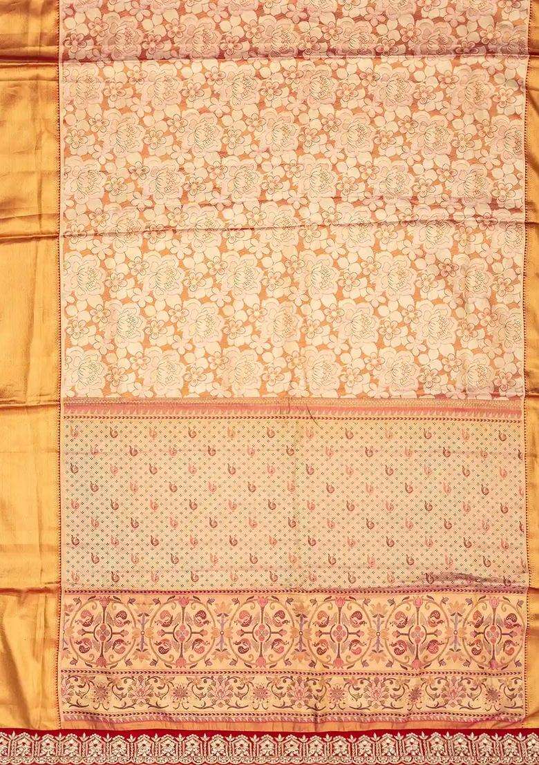Gold Handloom Tissue Silk Saree With Floral Motifs Hand Embroidered Selvage For Women - Indya