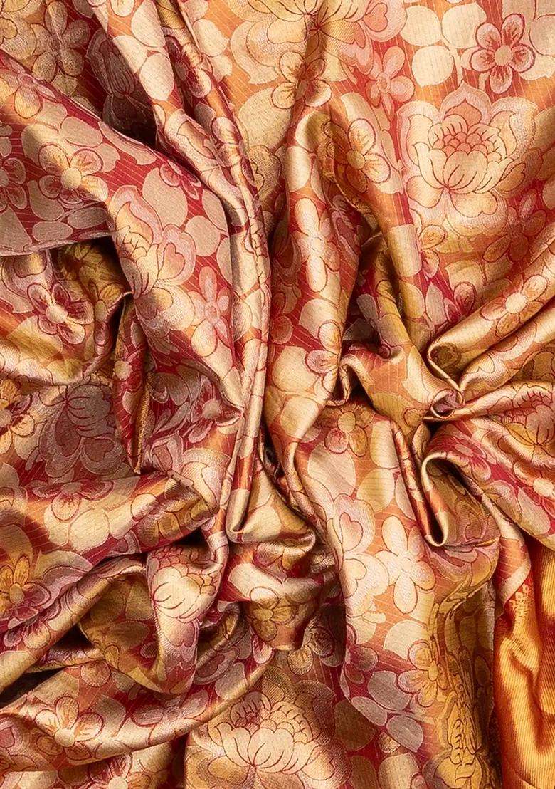 Gold Handloom Tissue Silk Saree With Floral Motifs Hand Embroidered Selvage For Women - Indya