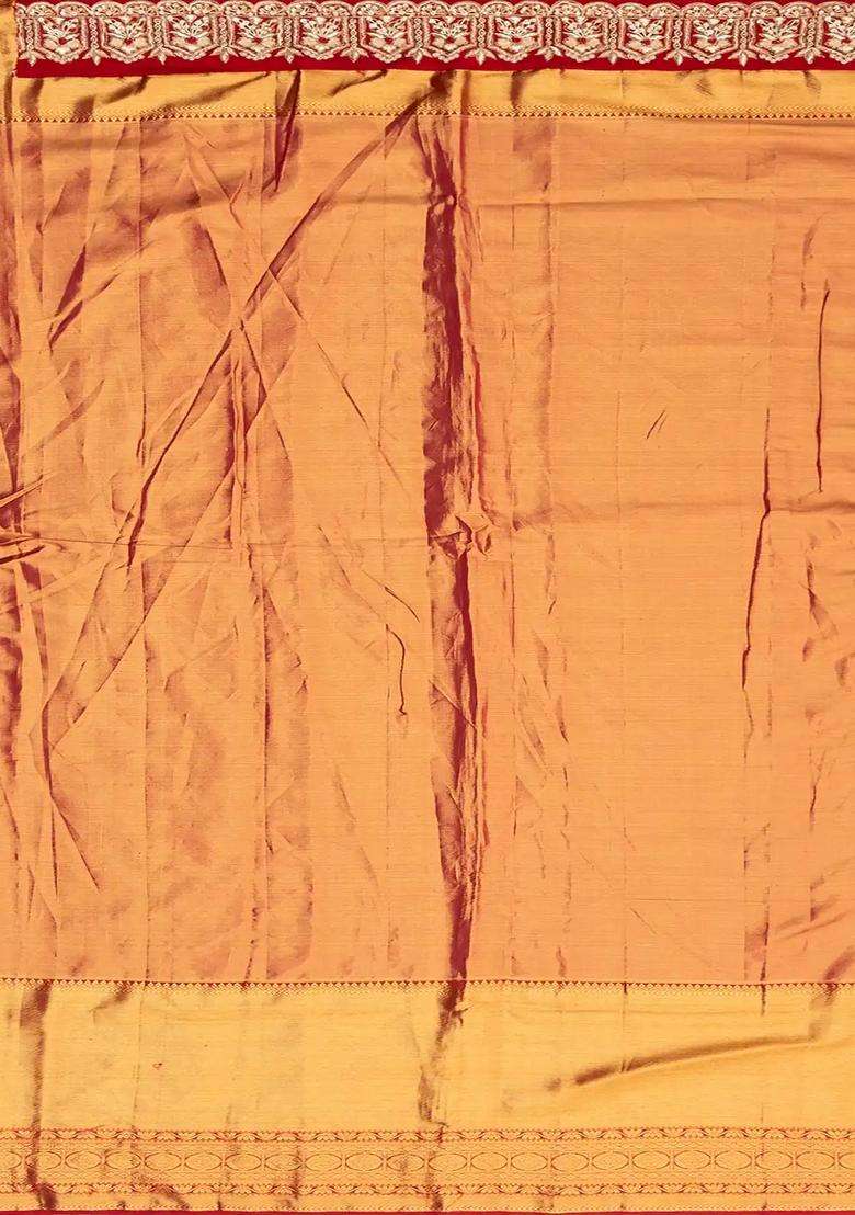 Gold Handloom Tissue Silk Saree With Floral Motifs Hand Embroidered Selvage For Women - Indya