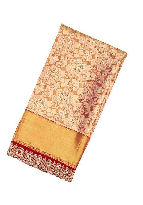 Gold Handloom Tissue Silk Saree With Floral Motifs Hand Embroidered Selvage For Women