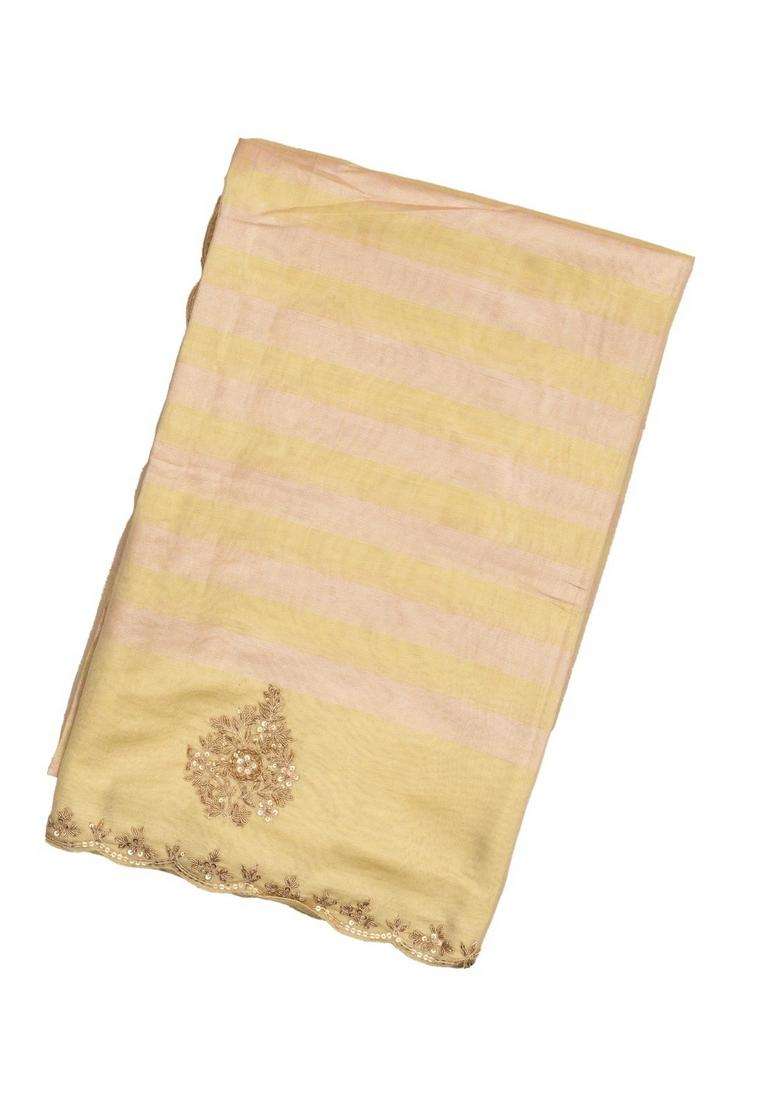 Sandal Handloom Silk Saree With Stripes Hand Embroidered Motifs For Women - Indya