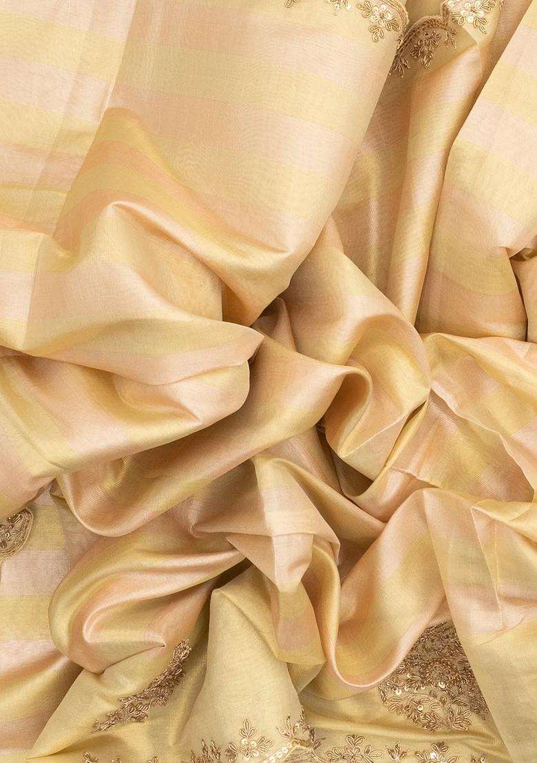 Sandal Handloom Silk Saree With Stripes Hand Embroidered Motifs For Women - Indya