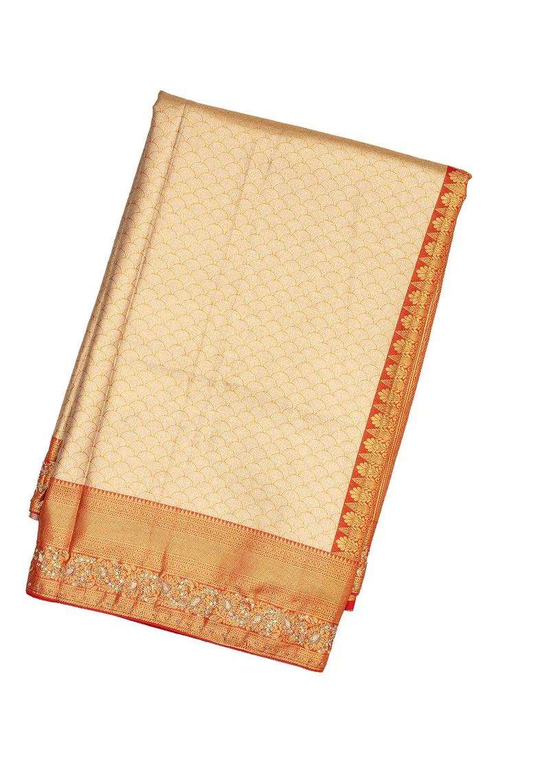Taupe Handloom Silk Saree With Floral Motifs Hand Embroidered Border For Women - Indya