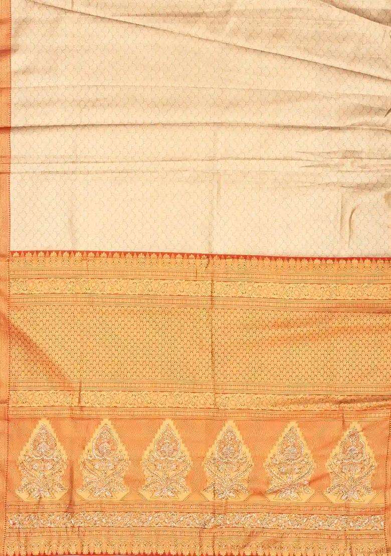 Taupe Handloom Silk Saree With Floral Motifs Hand Embroidered Border For Women - Indya