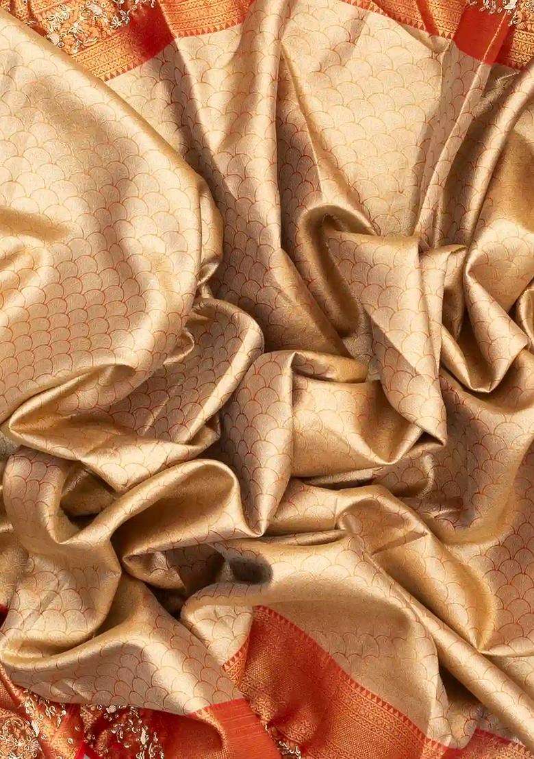 Taupe Handloom Silk Saree With Floral Motifs Hand Embroidered Border For Women - Indya
